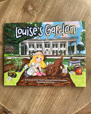 Shop the Louise's Garden Hardcover Book, a charming Louisiana children's story featuring the Governor's Mansion, colorful gardens, and a playful dog named Cani.