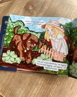 Shop the Louise's Garden Hardcover Book, a charming Louisiana children's story featuring the Governor's Mansion, colorful gardens, and a playful dog named Cani.