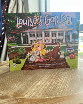 Shop the Louise's Garden Hardcover Book, a charming Louisiana children's story featuring the Governor's Mansion, colorful gardens, and a playful dog named Cani.