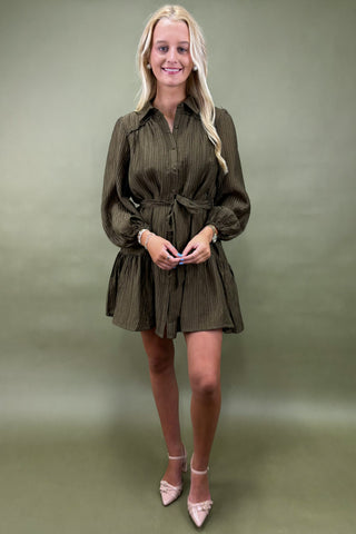 Woman wearing a green dress against a green background