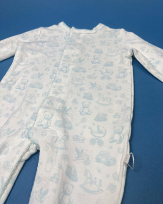 Shop the Blue Nursery Toile Snap Romper by Bei Bei, featuring soft bamboo-blend fabric, vintage baby prints, snap closures, and a classic footed design.