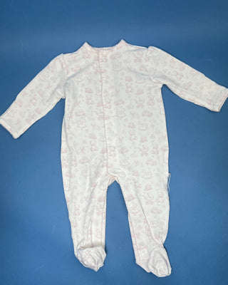 Shop the Puff Sleeve Pink Toile Snap Romper featuring teddy bear prints, delicate pink trim, long sleeves, snap closures, and adorable footed styling.