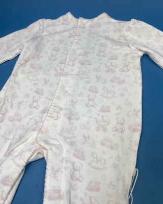Shop the Puff Sleeve Pink Toile Snap Romper featuring teddy bear prints, delicate pink trim, long sleeves, snap closures, and adorable footed styling.