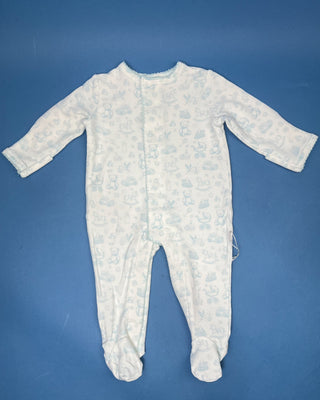 Shop the Blue Nursery Toile Snap Romper by Bei Bei, featuring soft bamboo-blend fabric, vintage baby prints, snap closures, and a classic footed design.