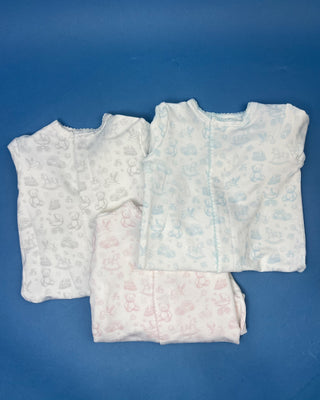 Shop the Blue Nursery Toile Snap Romper by Bei Bei, featuring soft bamboo-blend fabric, vintage baby prints, snap closures, and a classic footed design.