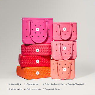 Stack of pink and orange bags with color names below on a gray background