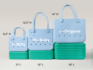 Set of blue and green handbags with size measurements on a light gray background