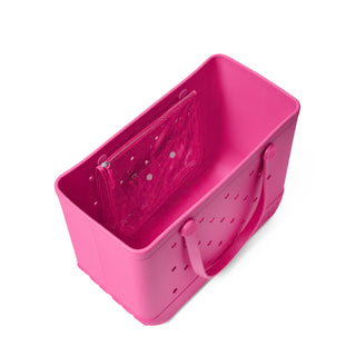 Pink plastic tool box with clear lid on a white background