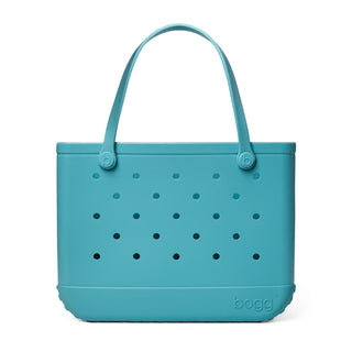 Teal tote bag with handles on a white background