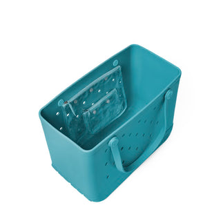 Teal plastic tool caddy with clear compartments on a white background