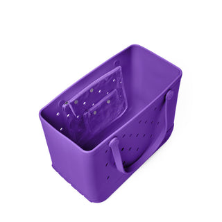Purple plastic tool caddy with transparent insert on a white background