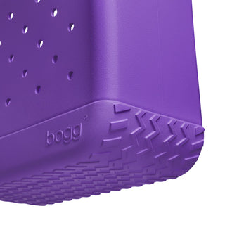 Close-up of a purple plastic bin with 'bogg' branding on a white background