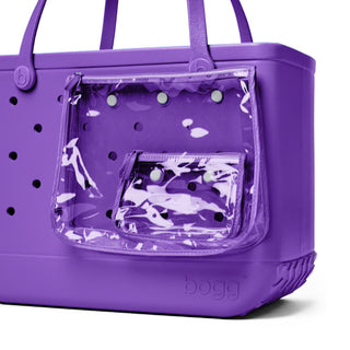 Purple bogg bag with clear side pocket on a white background