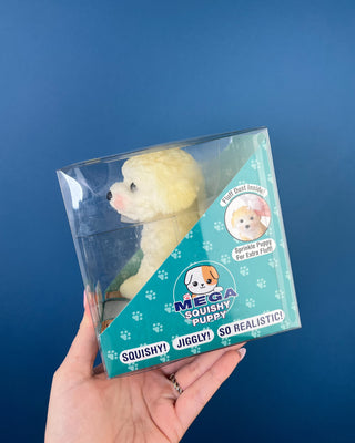 Shop the Mega Squishy Puppy! This adorable, realistic puppy sensory toy features a soft, jiggly texture and fluff dust for extra fluffy fun.