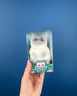 Shop the Squishy Kitty! This adorable, realistic cat sensory toy features turquoise-green eyes, a fluffy appearance, and a soft, jiggly texture.
