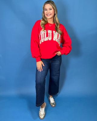 Lulu Mac Red Hot Varsity Camo Crew featuring a cozy fleece-lined interior, oversized camouflage varsity applique, relaxed fit