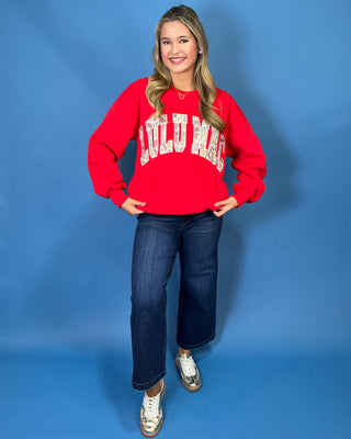 Lulu Mac Red Hot Varsity Camo Crew featuring a cozy fleece-lined interior, oversized camouflage varsity applique, relaxed fit
