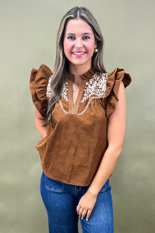 Woman wearing a brown blouse with ruffled sleeves and embroidered details on a green background