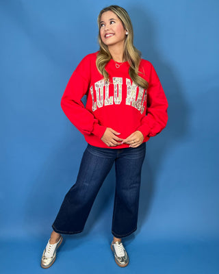 Lulu Mac Red Hot Varsity Camo Crew featuring a cozy fleece-lined interior, oversized camouflage varsity applique, relaxed fit