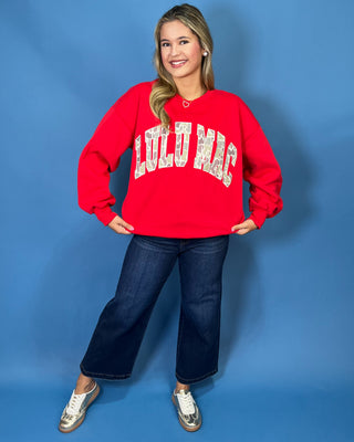 Lulu Mac Red Hot Varsity Camo Crew featuring a cozy fleece-lined interior, oversized camouflage varsity applique, relaxed fit