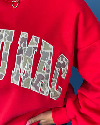 Lulu Mac Red Hot Varsity Camo Crew featuring a cozy fleece-lined interior, oversized camouflage varsity applique, relaxed fit