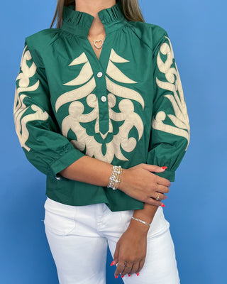 Green blouse with white patterns worn by a person against a blue background