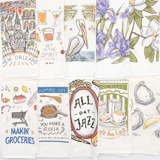 Set of illustrated cards with New Orleans-themed designs.