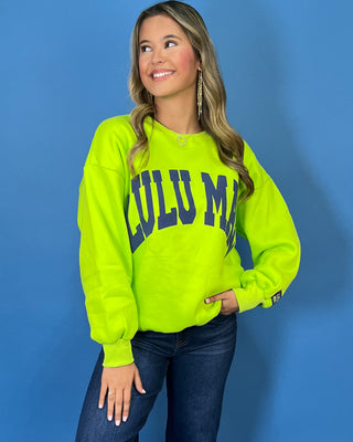 Neon lime Lulu Mac graphic crewneck sweatshirt with bold navy varsity lettering, long sleeves, ribbed trim, and a relaxed fit.