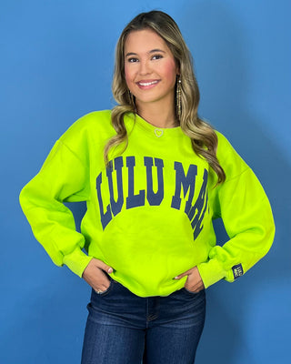 Neon lime Lulu Mac graphic crewneck sweatshirt with bold navy varsity lettering, long sleeves, ribbed trim, and a relaxed fit.