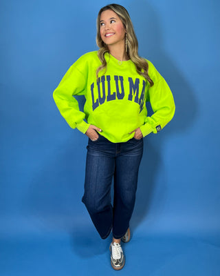 Neon lime Lulu Mac graphic crewneck sweatshirt with bold navy varsity lettering, long sleeves, ribbed trim, and a relaxed fit.