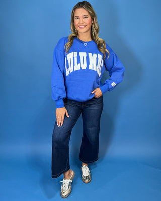 Royal blue Lulu Mac graphic crewneck sweatshirt with bold white varsity lettering, long sleeves, ribbed trim, and a relaxed fit.