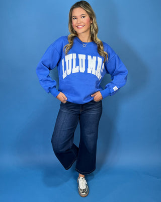 Royal blue Lulu Mac graphic crewneck sweatshirt with bold white varsity lettering, long sleeves, ribbed trim, and a relaxed fit.