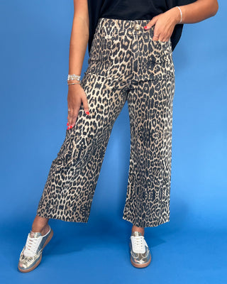Person wearing leopard print pants on a blue background