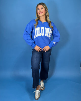 Royal blue Lulu Mac graphic crewneck sweatshirt with bold white varsity lettering, long sleeves, ribbed trim, and a relaxed fit.