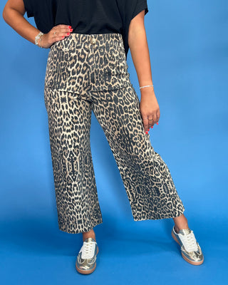 Person wearing leopard print pants on a blue background