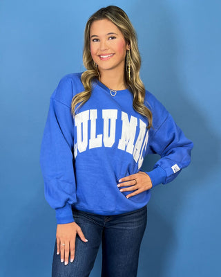 Royal blue Lulu Mac graphic crewneck sweatshirt with bold white varsity lettering, long sleeves, ribbed trim, and a relaxed fit.