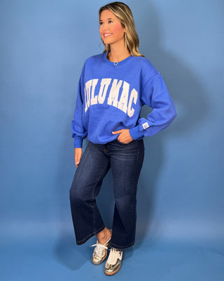 Royal blue Lulu Mac graphic crewneck sweatshirt with bold white varsity lettering, long sleeves, ribbed trim, and a relaxed fit.