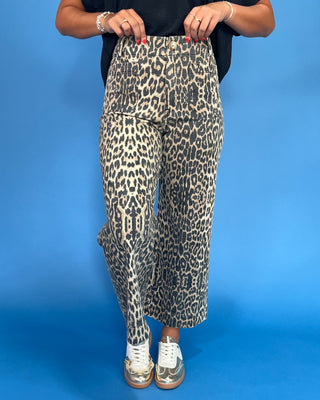 Person wearing leopard print pants on a blue background