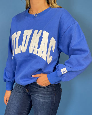 Royal blue Lulu Mac graphic crewneck sweatshirt with bold white varsity lettering, long sleeves, ribbed trim, and a relaxed fit.