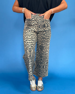 Person wearing leopard print pants on a blue background