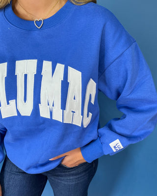 Royal blue Lulu Mac graphic crewneck sweatshirt with bold white varsity lettering, long sleeves, ribbed trim, and a relaxed fit.