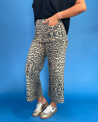 Person wearing leopard print pants on a blue background