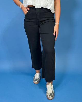 HR Wide Leg Crop Black Jeans featuring a flattering high-rise fit, cropped wide leg silhouette, soft stretch denim, and classic black wash.
