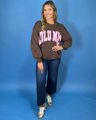 Chocolate brown Lulu Mac graphic crewneck sweatshirt with bold pink varsity lettering, long sleeves, ribbed trim, and a relaxed fit.