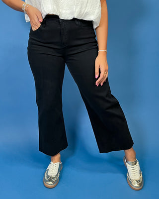 HR Wide Leg Crop Black Jeans featuring a flattering high-rise fit, cropped wide leg silhouette, soft stretch denim, and classic black wash.