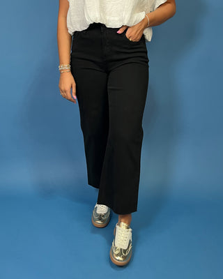 HR Wide Leg Crop Black Jeans featuring a flattering high-rise fit, cropped wide leg silhouette, soft stretch denim, and classic black wash.