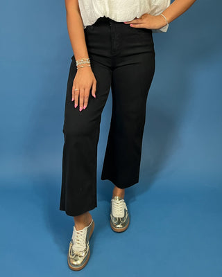 HR Wide Leg Crop Black Jeans featuring a flattering high-rise fit, cropped wide leg silhouette, soft stretch denim, and classic black wash.