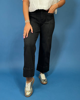 HR Pintuck Crop Wide Leg Jeans featuring a flattering high-rise fit, pintuck front seams, cropped wide leg silhouette, and stretch denim.