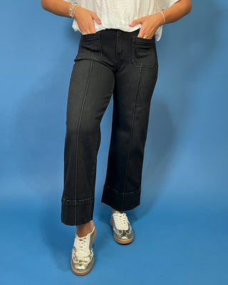 HR Pintuck Crop Wide Leg Jeans featuring a flattering high-rise fit, pintuck front seams, cropped wide leg silhouette, and stretch denim.