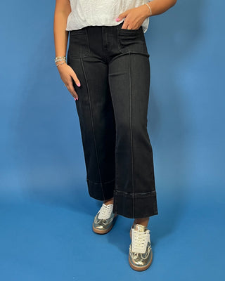 HR Pintuck Crop Wide Leg Jeans featuring a flattering high-rise fit, pintuck front seams, cropped wide leg silhouette, and stretch denim.